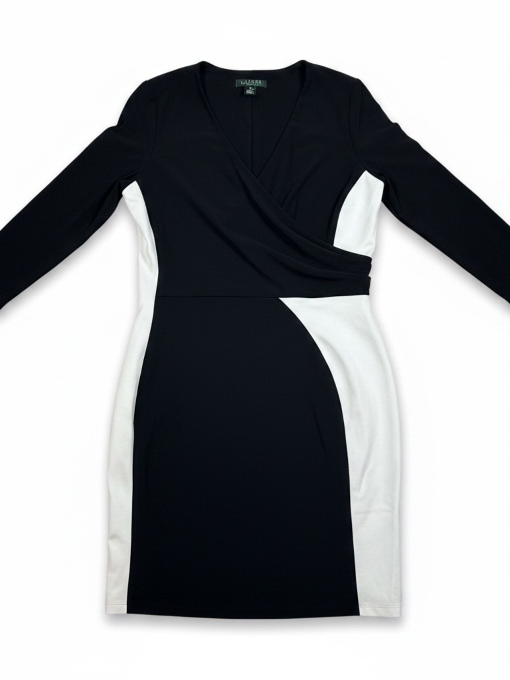 Ralph Lauren Black & White Long-Sleeve Faux-Wrap Sheath Dress